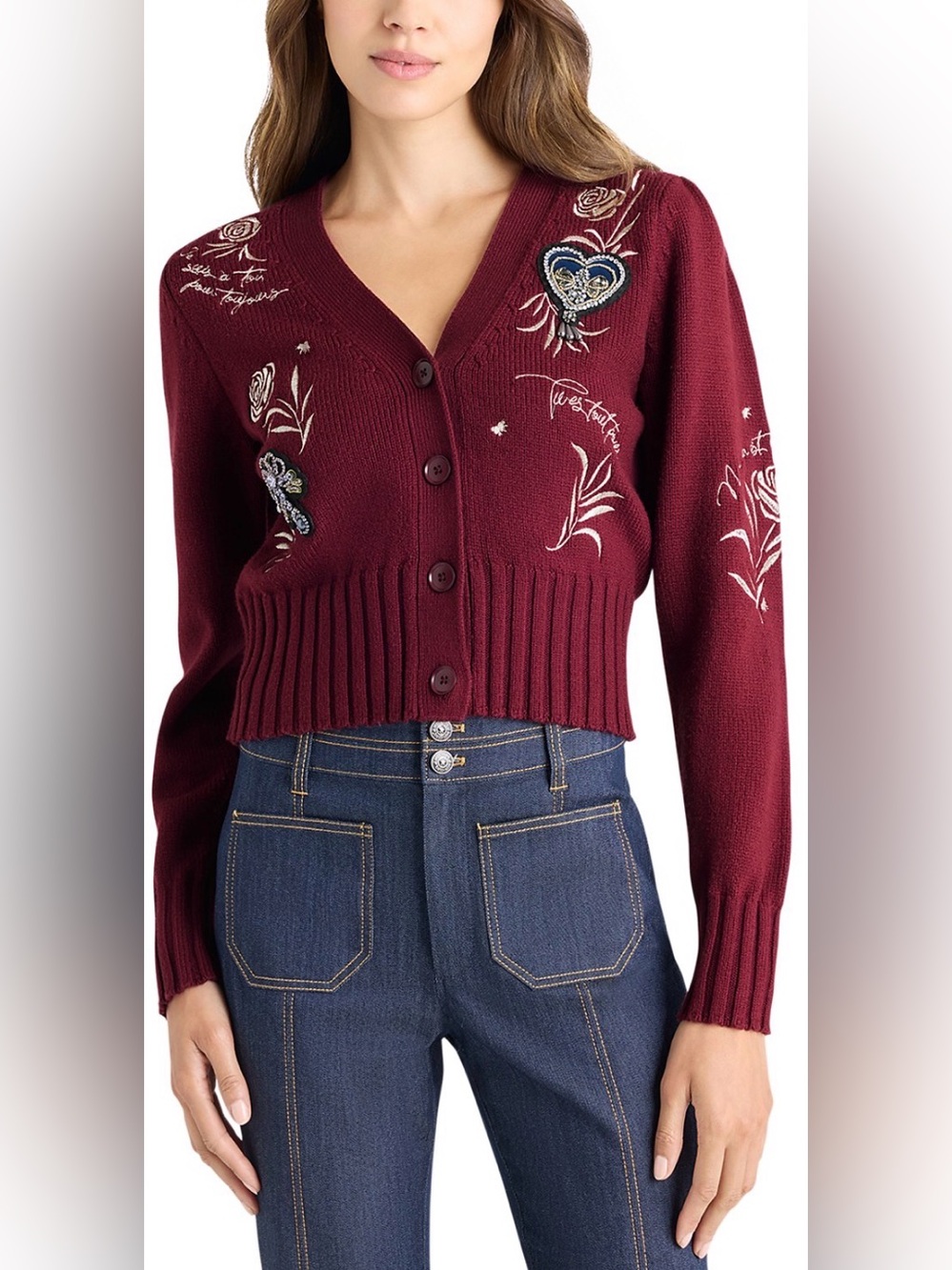Cing a Sept Heritage Rose Embroidered Cardigan in Mulberry Multi